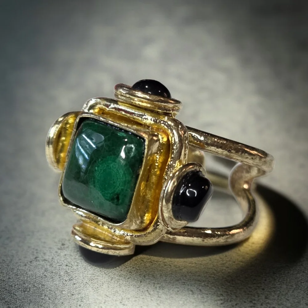 18k Gold Plated Genuine Emerald & Jet Onyx Statement Artisan Ring